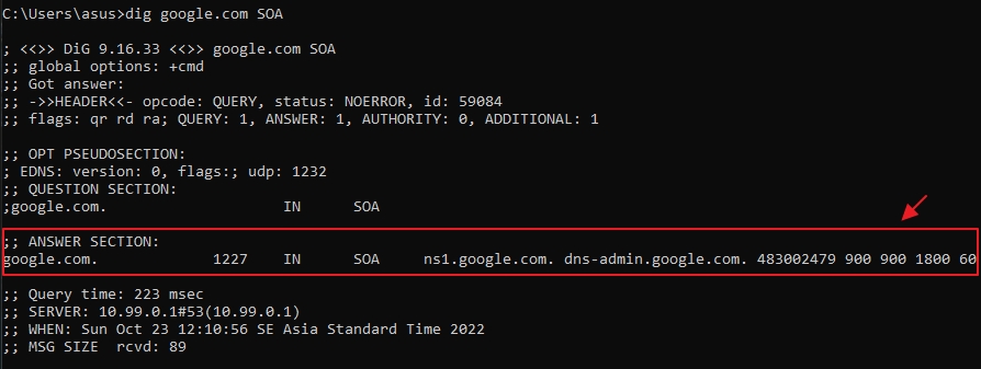 Dig command for Google domain with SOA records query