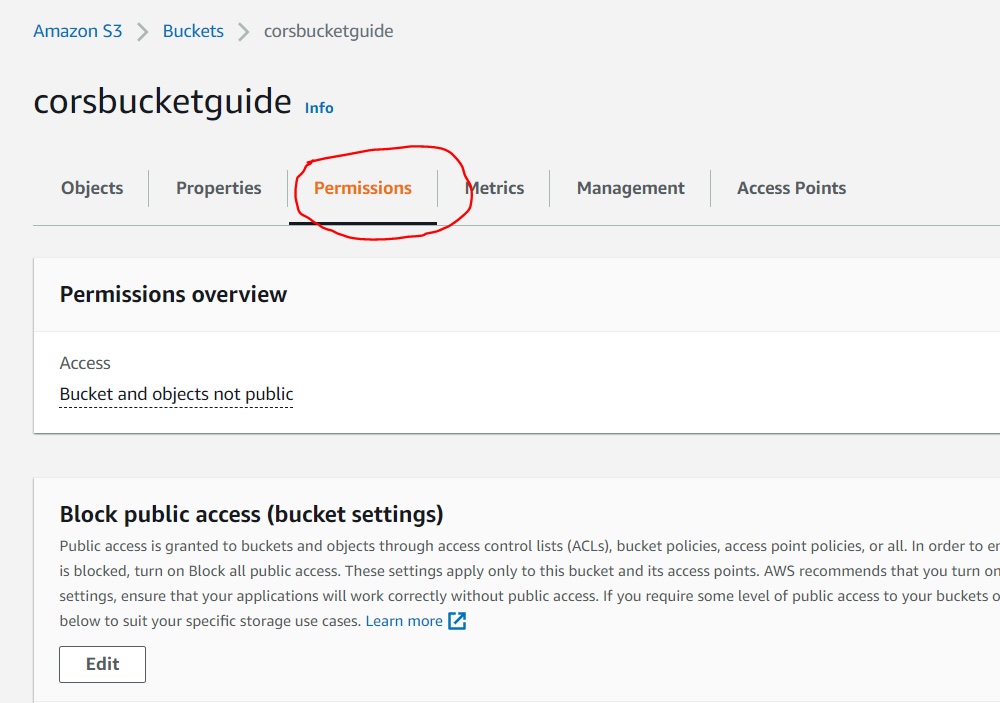Amazon AWS S3 Bucket Permissions tab