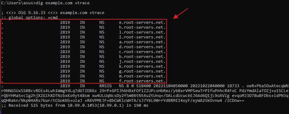 dig command with trace option to find DNS delegation path