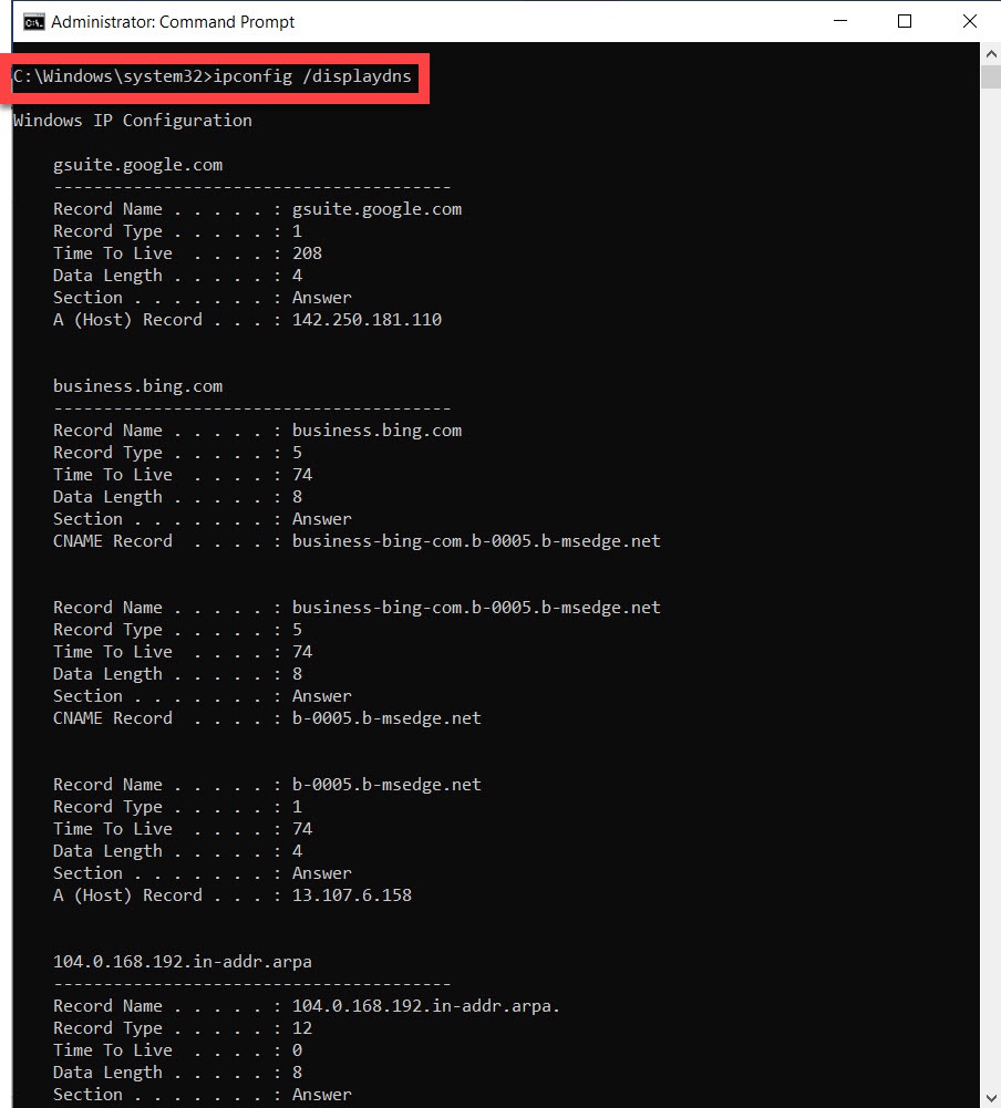 ipconfig displaydns command highlighted with results
