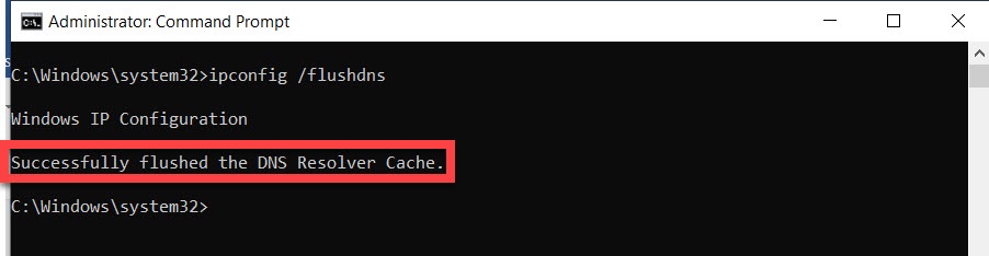 ipconfig flushdns command highlighted with results