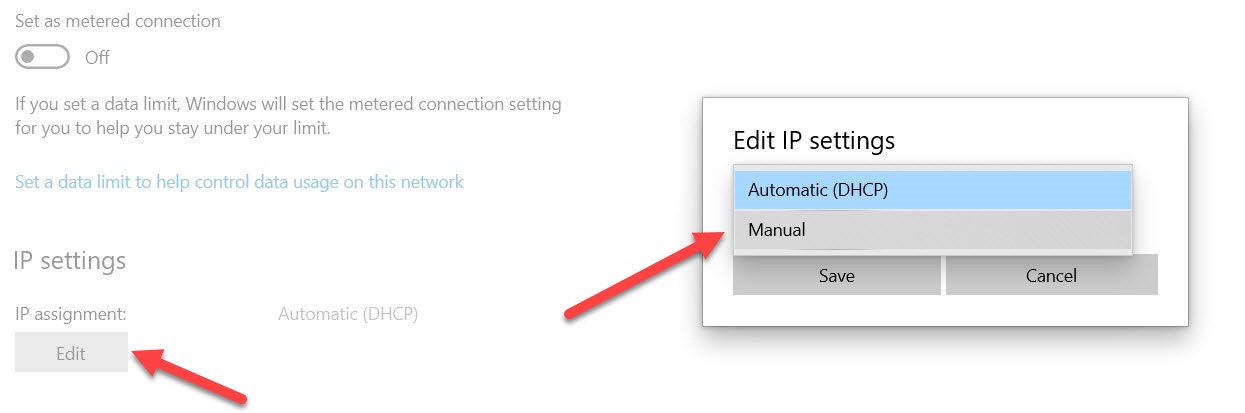 Edit IP Settings to Manual or Automatic on Windows for ipconfig error