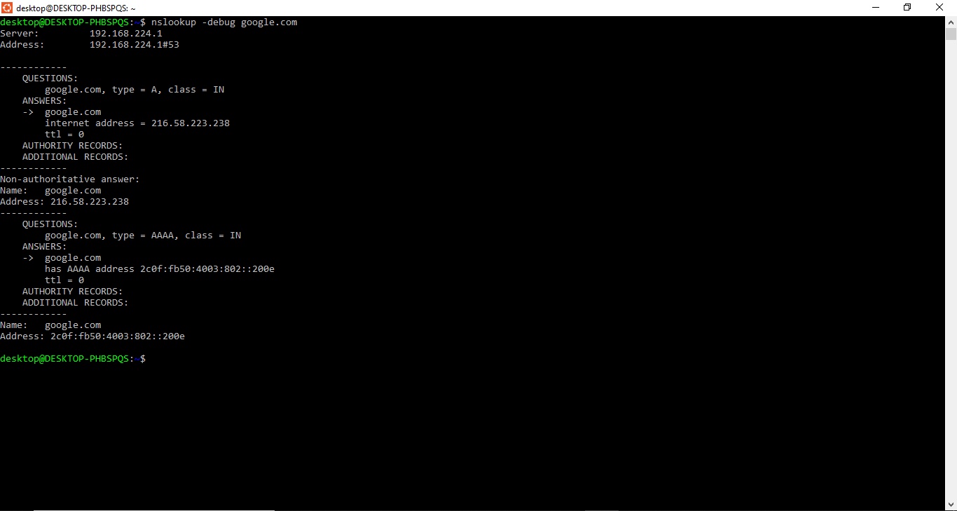 nslookup debug mode example with Google as domain