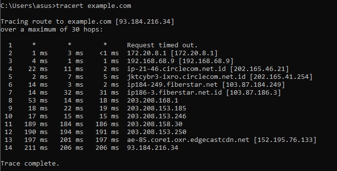 Traceroute example command