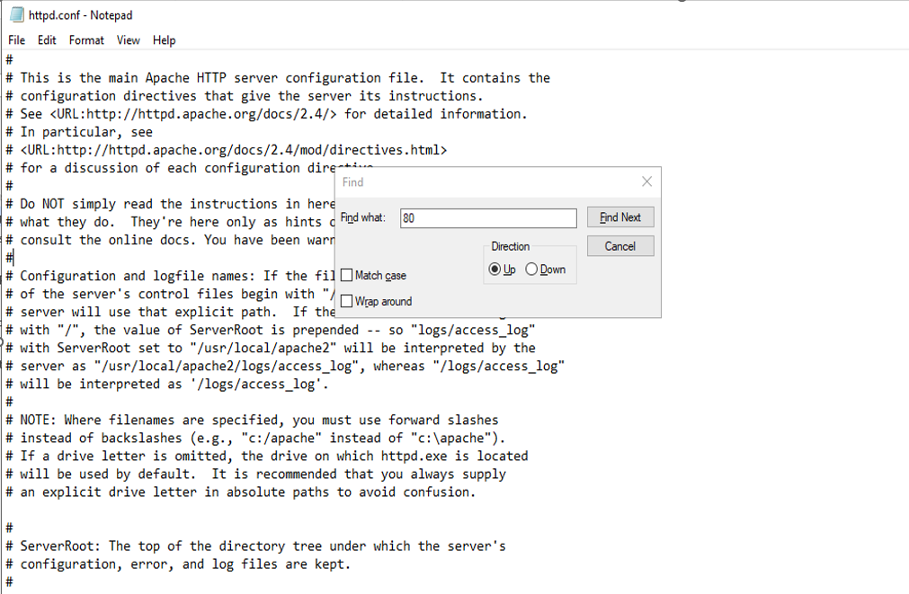 httpd.conf file with port 80 search results