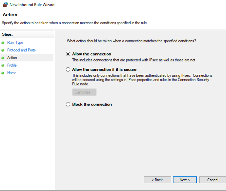 Windows Firewall allow connection option