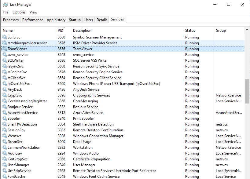 Windows Task Manager Services tab