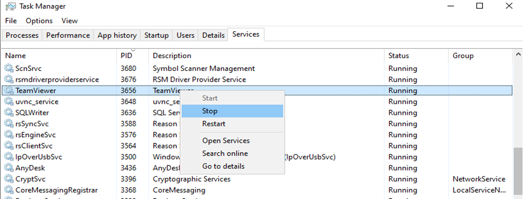 Windows Task Manager with option to stop a service