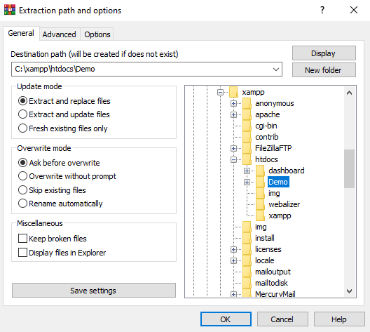 WordPress files extracted in XAMPP demo folder