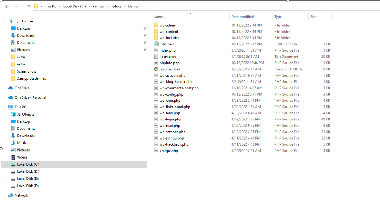 WordPress files structure in XAMPP demo folder