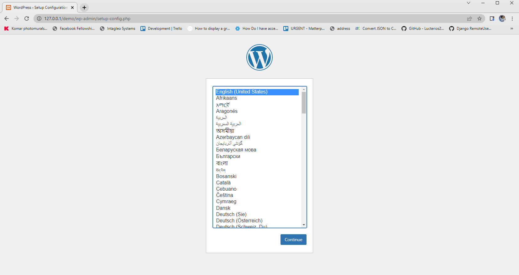 WordPress setup page in web browser