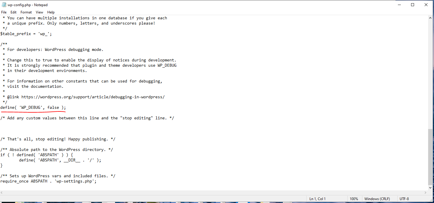 WordPress wp-config.php file with debug mode enabled