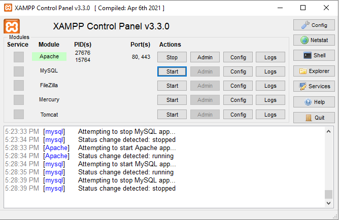 XAMPP control panel with Apache restart option