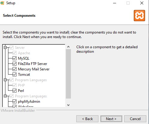 XAMPP component selection screen