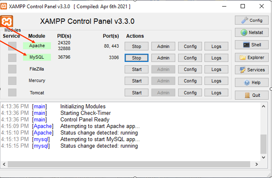 XAMPP control panel with Apache and MySQL started