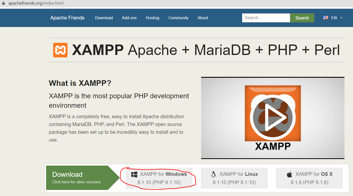 XAMPP download page on Apache Friends website