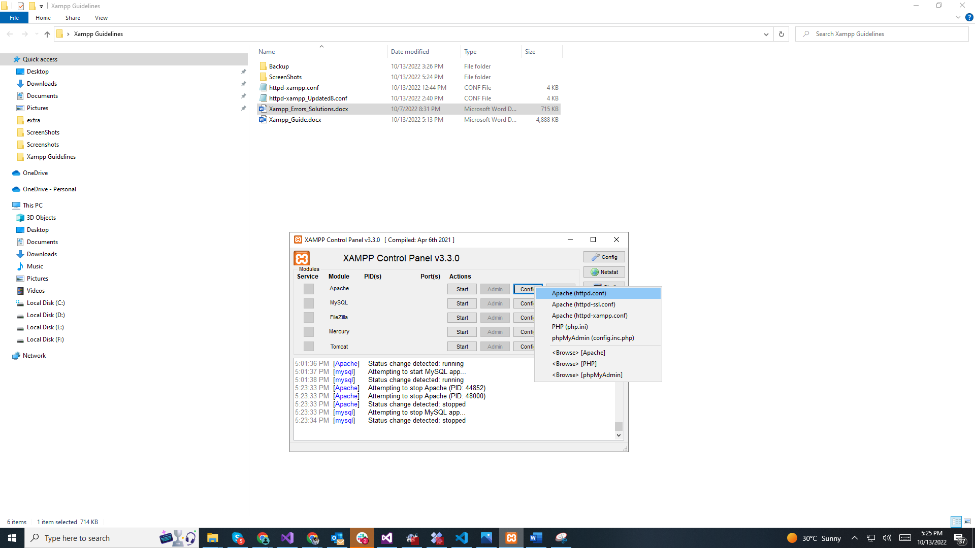 XAMPP control panel with httpd.conf file selection