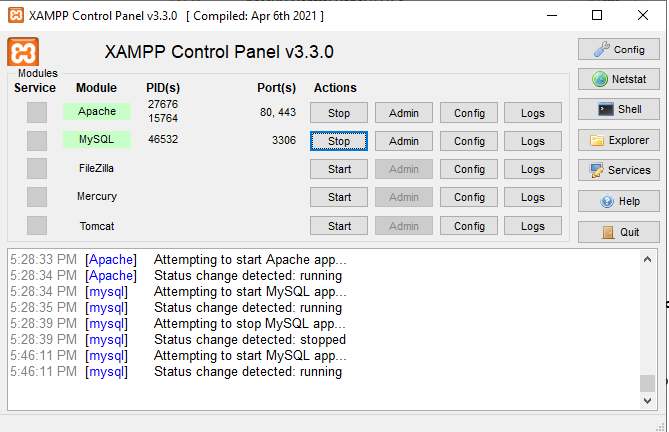 XAMPP control panel with MySQL stop button highlighted