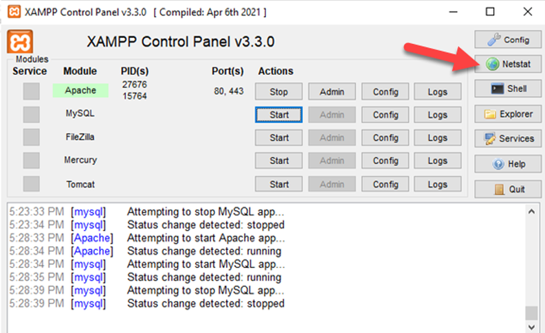 XAMPP control panel with Netstat button highlighted