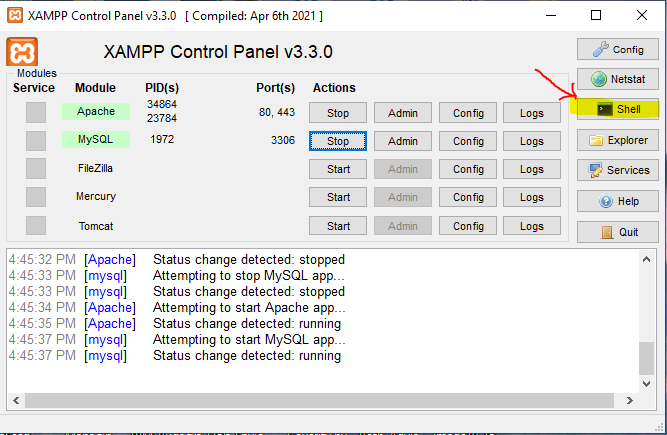 XAMPP control panel with Shell button highlighted